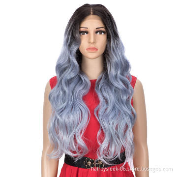 Grace Easy 360 Synthetic Lace Front Wig 28 Inch Long Layered Body Wave  Floral Purple black color Heat resistant Synthetic Hair